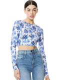 DELAINA FLORAL CREW NECK CROP TOP - FORGET ME NOT LG ANTIQUE WHITE