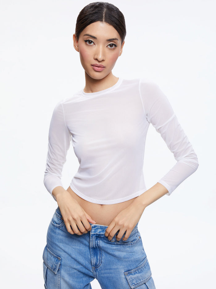 DELAINA LONG SLEEVE MESH CROP TOP - WHITE