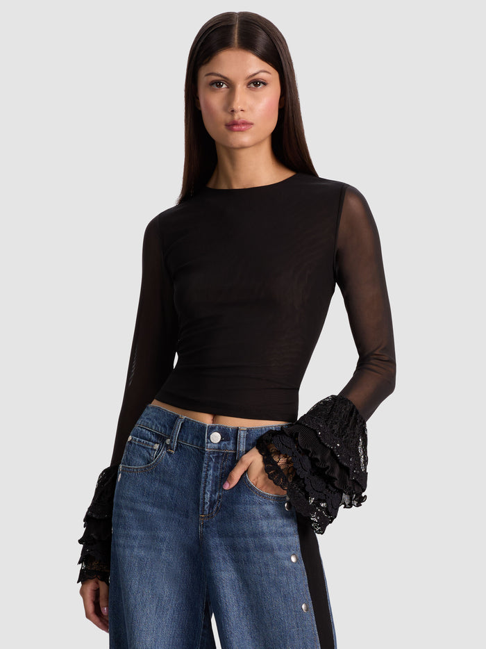 DELAINA TOP WITH RUFFLE CUFF - BLACK