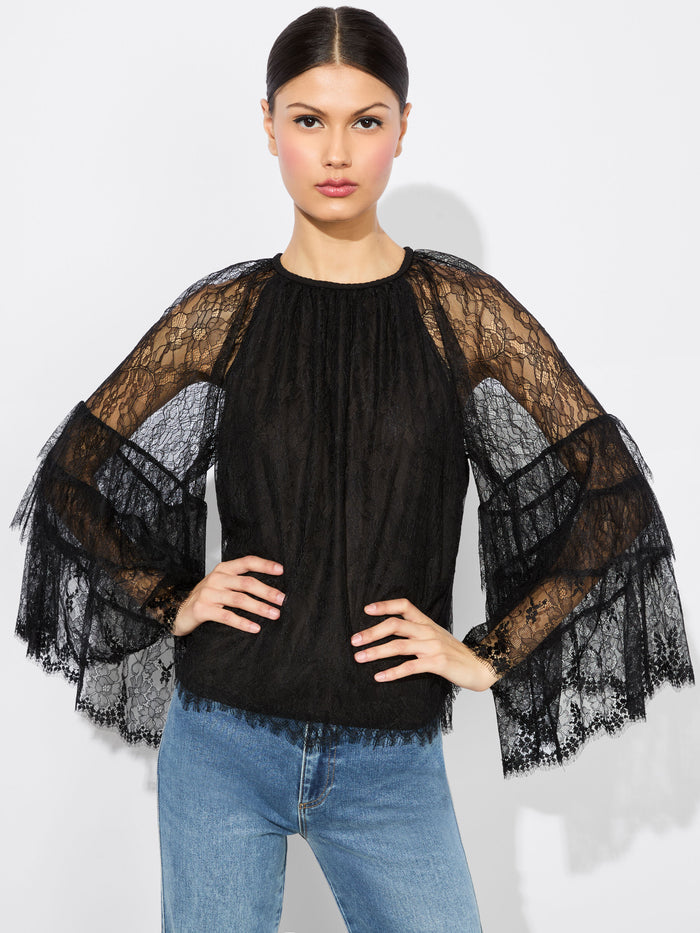 DELIA RUFFLED TUNIC TOP - BLACK