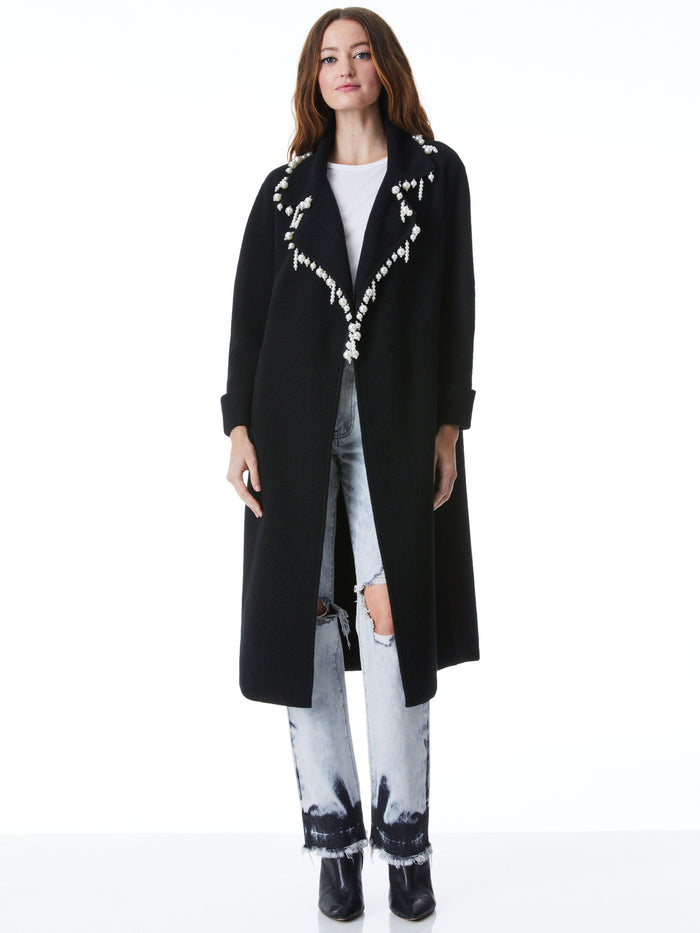 DELINDA EMBELLISHED WOOL SWEATER COAT - BLACK