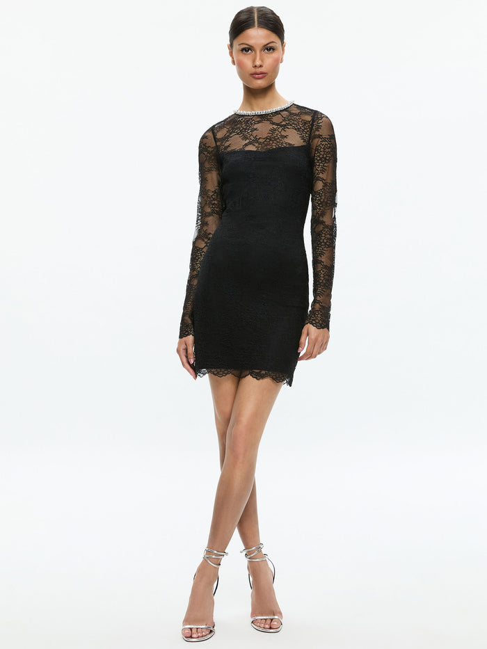 DELORA EMBELLISHED NECK LONG SLEEVE LACE MINI DRESS - BLACK