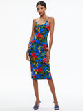 DELORA SPAGHETTI STRAP FITTED MIDI DRESS - TROPICAL SUNRISE SAPPHIRE