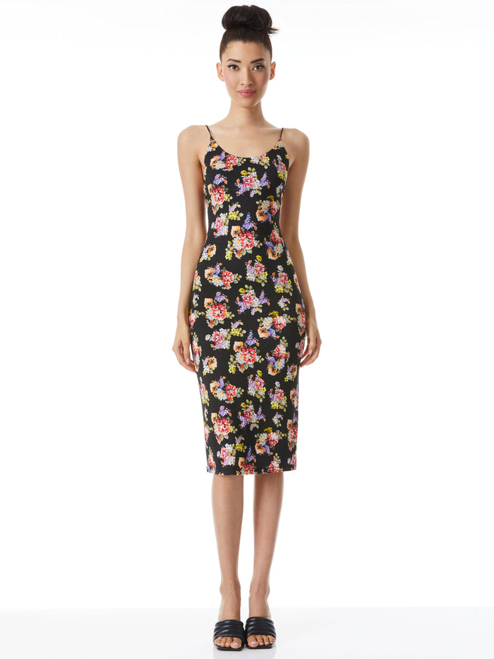 DELORA SPAGHETTI STRAP FITTED MIDI DRESS - MAGNOLIA FLORAL BLACK