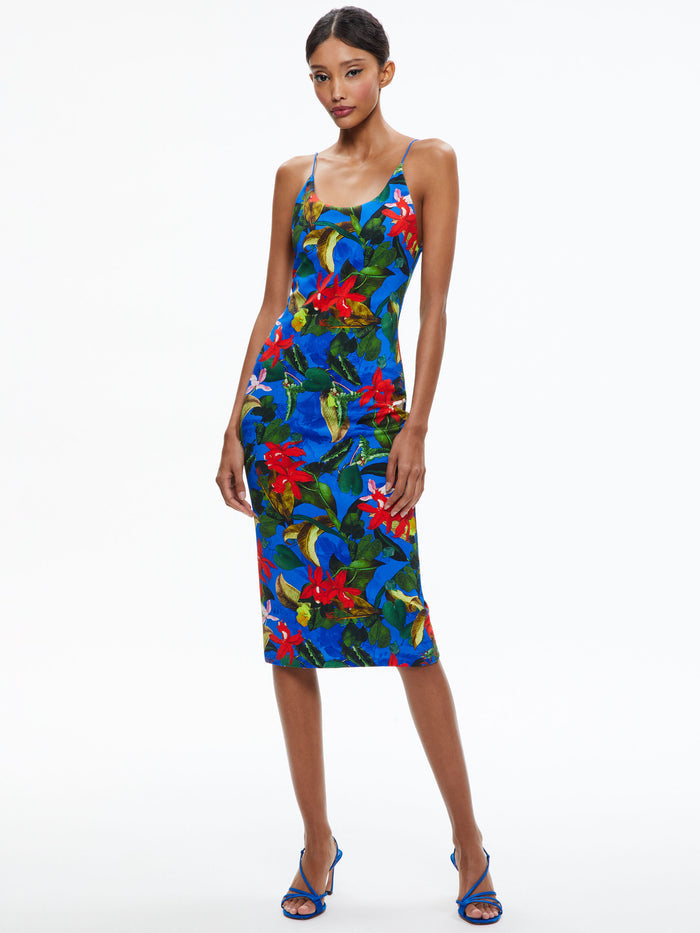 DELORA SPAGHETTI STRAP FITTED MIDI DRESS - TROPICAL SUNRISE SAPPHIRE