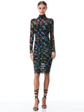 DELORA TURTLENECK LONG SLEEVE MIDI DRESS - BEAUTIFUL BLOOMS SM BLACK