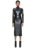 DELORA VEGAN LEATHER MIDI DRESS - BLACK