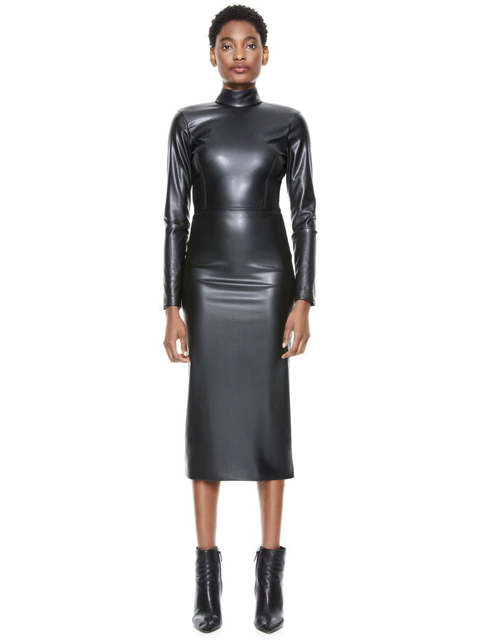 DELORA VEGAN LEATHER MIDI DRESS - BLACK