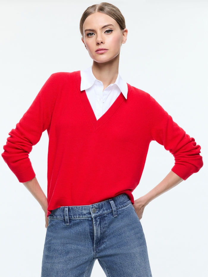 DENBY COLLARED PULLOVER - BRIGHT RUBY/WHITE