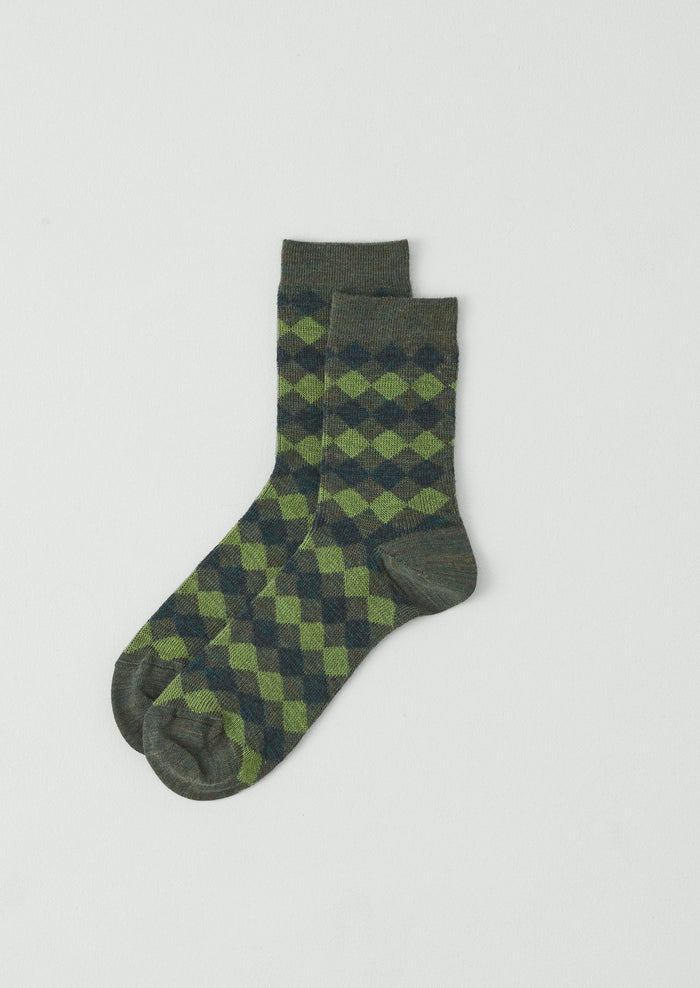 Diamond Jacquard Wool Socks | Green Multi