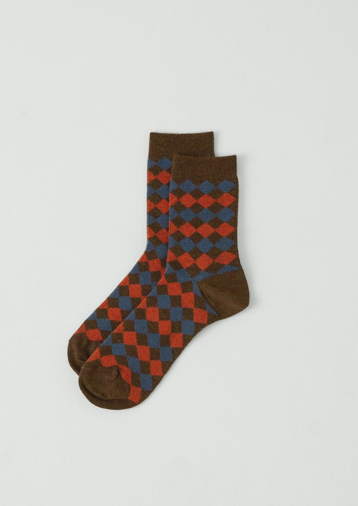 Diamond Jacquard Wool Socks | Red Multi