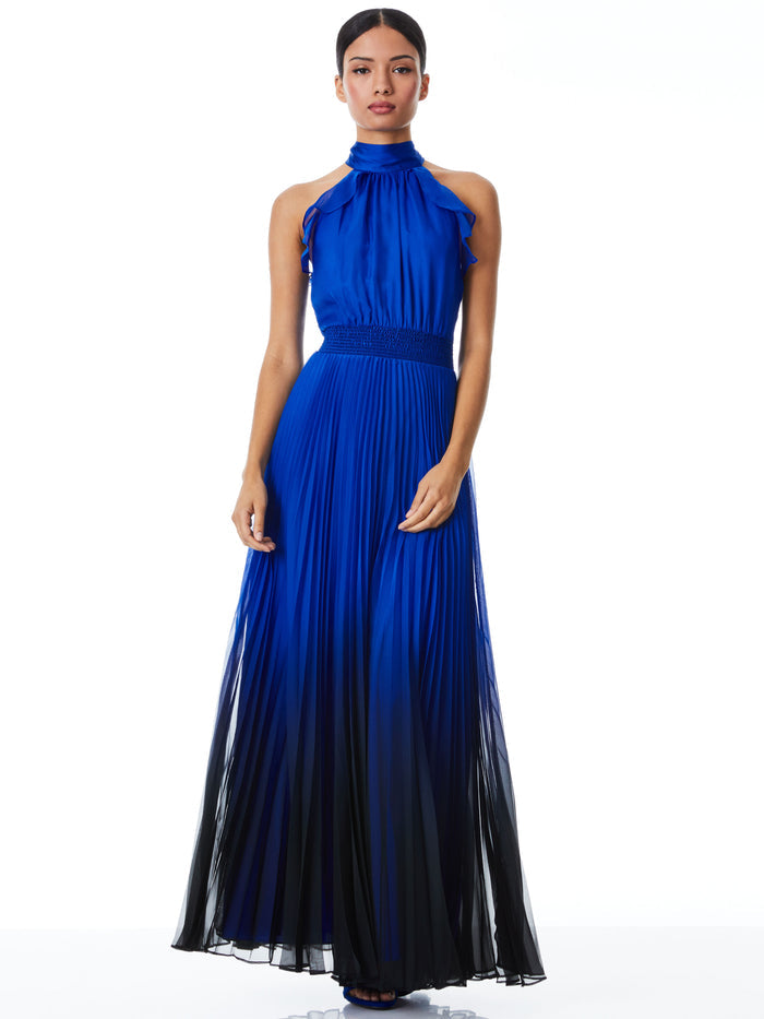 DITA BOW NECK OPEN BACK PLEATED MAXI DRESS - WINTER OMBRE ROYALTY