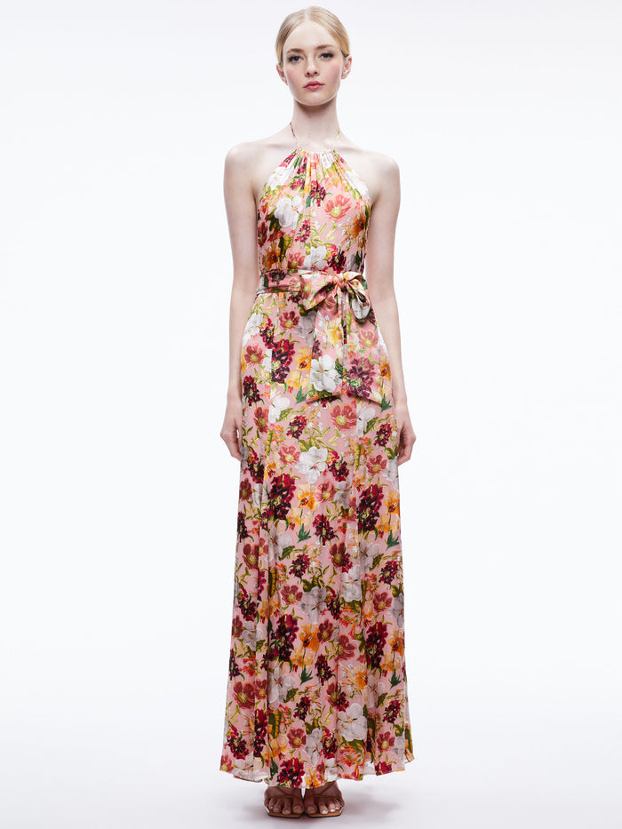 DITA TIE NECK HALTER DRESS - JUNIPER FLORAL ROSE