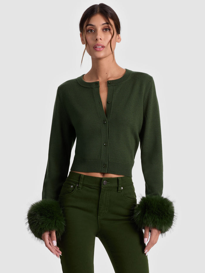DOLLIE FAUX FUR CUFF CARDIGAN - DARK OLIVE