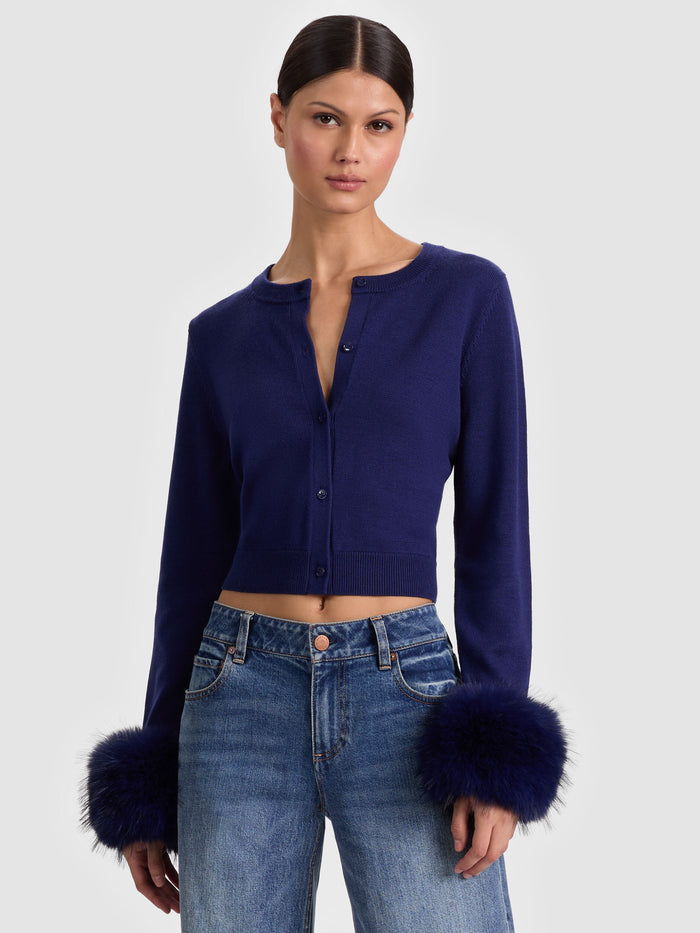 DOLLIE FAUX FUR CUFF CARDIGAN - MIDNIGHT BLUE