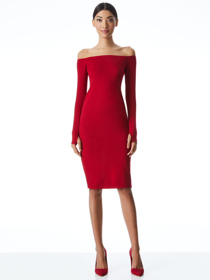 DORINDA OFF SH LS FTD MIDI DRE - DEEP RUBY