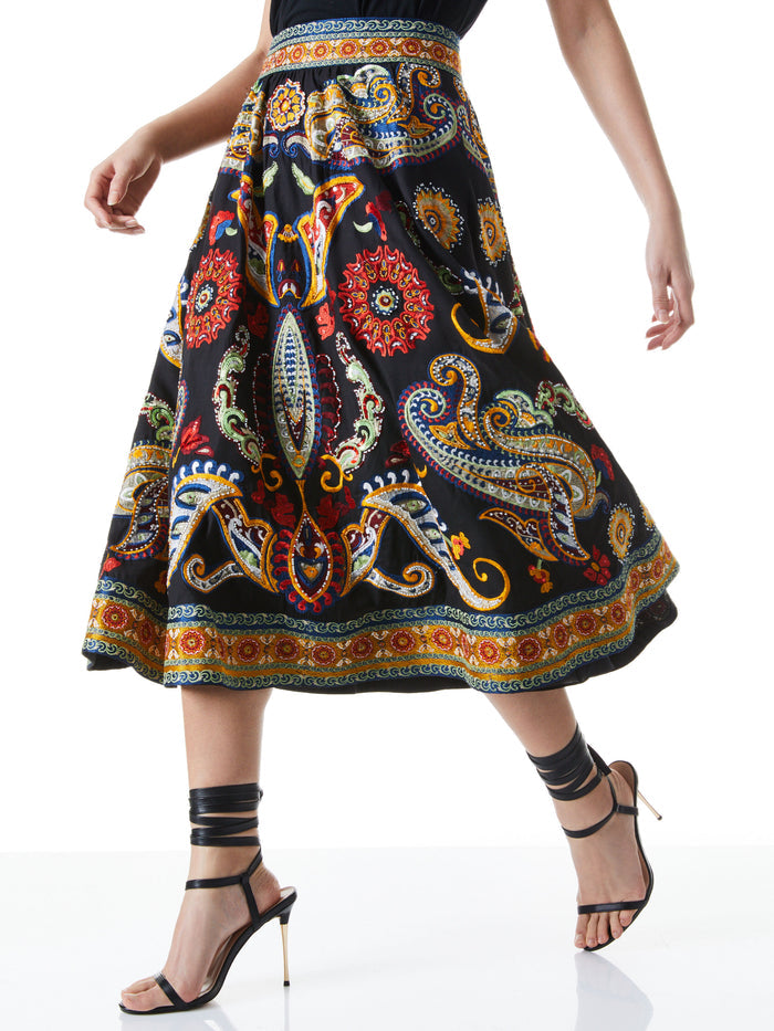 EARLA EMBELLISHED FLARE MIDI SKIRT - BLACK/MULTI