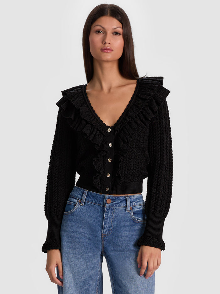 EILEEN RUFFLE CARDIGAN - BLACK