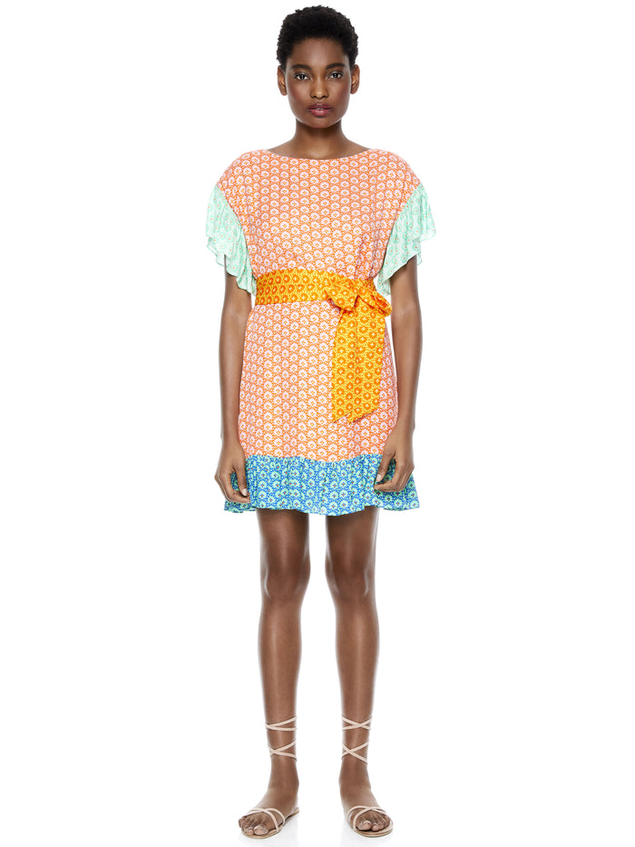 ELLA MAE TIE WAIST MINI DRESS - STAMP ENGLISH ROSE/COMBO