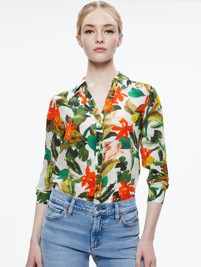ELOISE BUTTON DOWN BLOUSE - TROPICAL PALM OFF WHITE