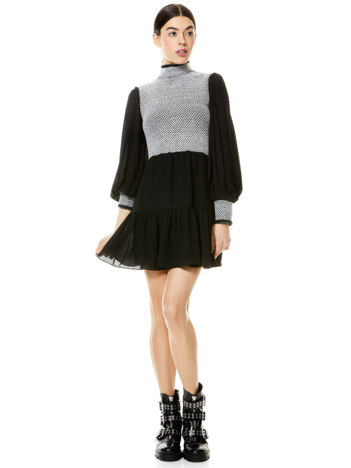 ELVIRA SMOCKED MOCK NECK MINI DRESS  - BLACK/WHITE