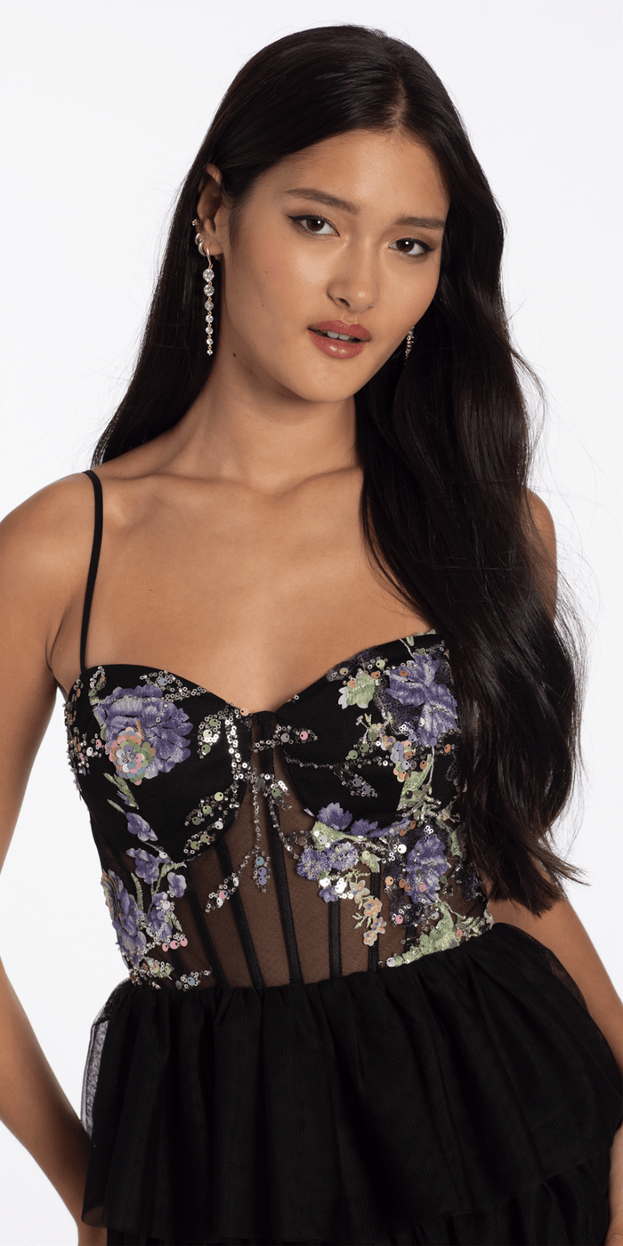 black/size/s/missy/Camille La Vie/ Embellished Mesh Sweetheart Corset Tiered Fit and Flare Dress/crop