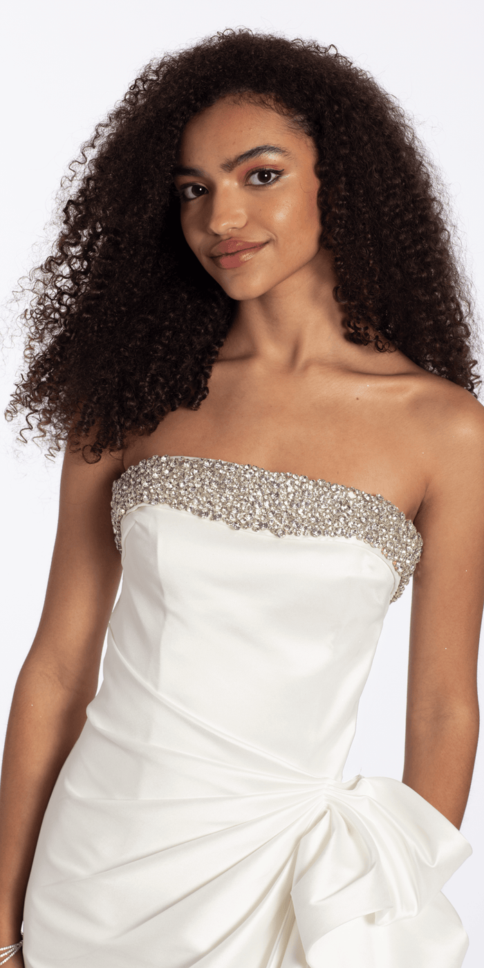 ivory/size/2/missy/Camille La Vie /Embellished Strapless Mikado Midi Dress with Ruching/close up