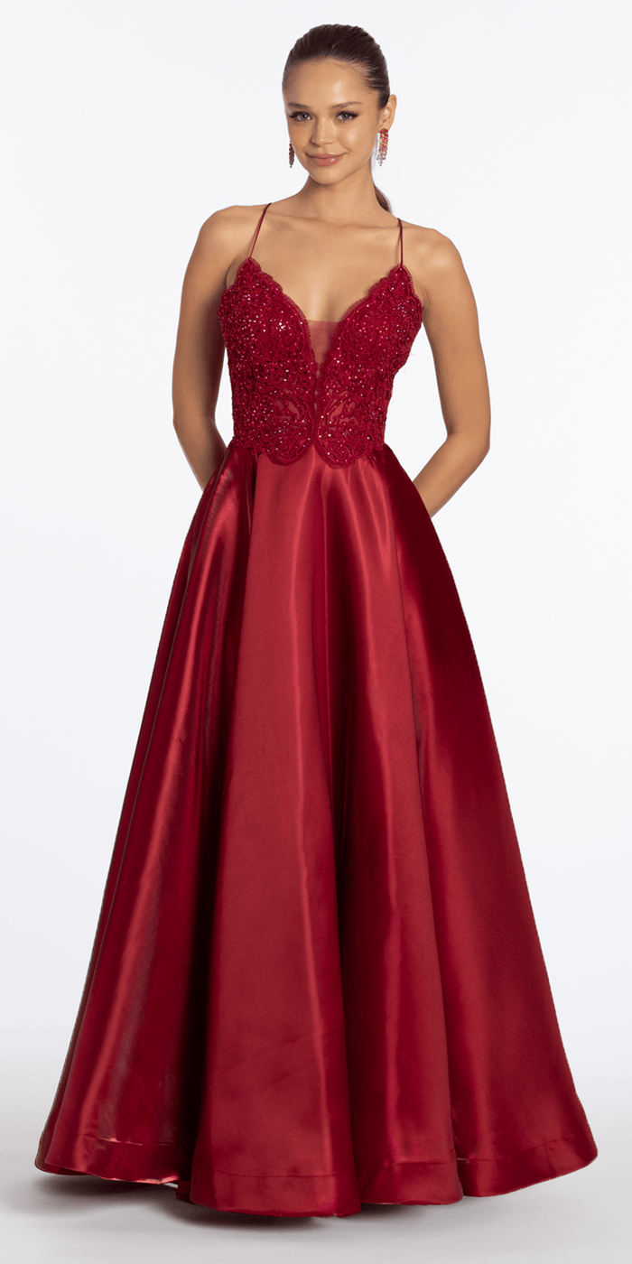 wine/size/4/missy/Camille La Vie/Embroidered Lace Plunge Satin Corset Ballgown with Pockets/front