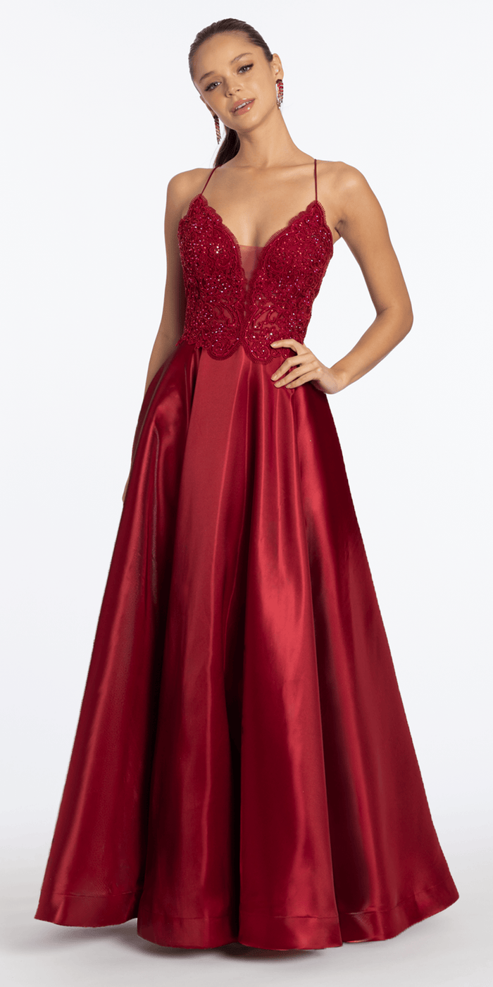 wine/size/4/missy/Camille La Vie/Embroidered Lace Plunge Satin Corset Ballgown with Pockets/front alt