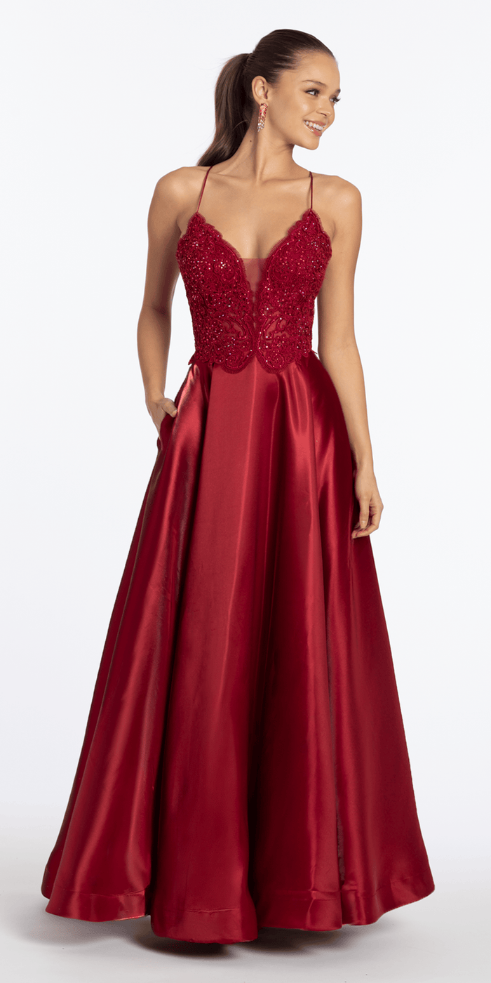 wine/size/4/missy/Camille La Vie/Embroidered Lace Plunge Satin Corset Ballgown with Pockets/front alt 2