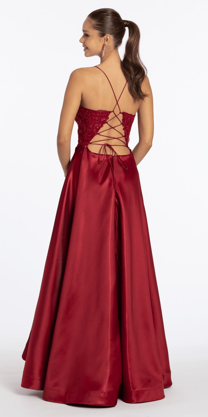 wine/size/4/missy/Camille La Vie/Embroidered Lace Plunge Satin Corset Ballgown with Pockets/back
