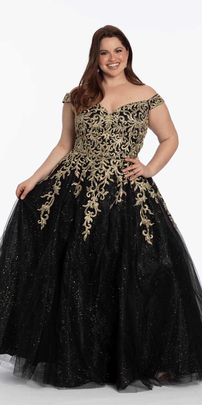 black-gold/size/14/plus/Camille La Vie/Embroidered Off the Shoulder Glitter Tulle Ballgown /front