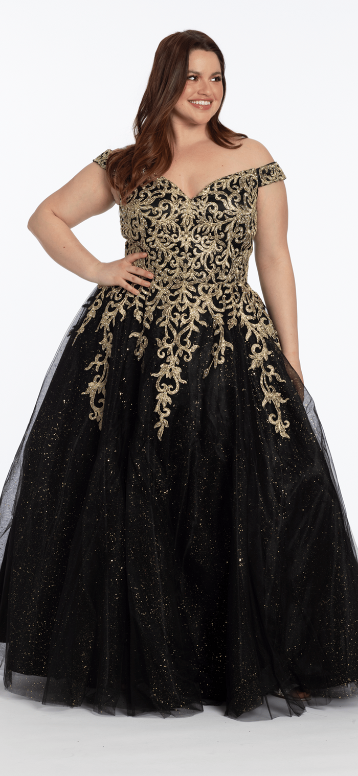 black-gold/size/14/plus/Camille La Vie/Embroidered Off the Shoulder Glitter Tulle Ballgown /front alt