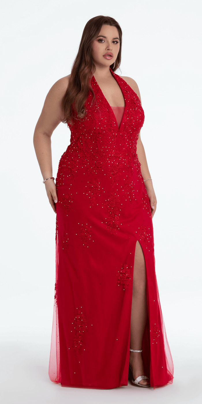 red/size/14/plus/Camille La Vie/Embroidered Plunging Corset Mesh Halter Dress/front  alt