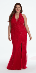 red/size/14/plus/Camille La Vie/Embroidered Plunging Corset Mesh Halter Dress/front