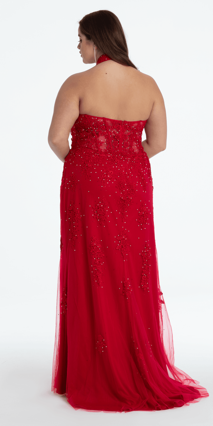red/size/14/plus/Camille La Vie/Embroidered Plunging Corset Mesh Halter Dress/back