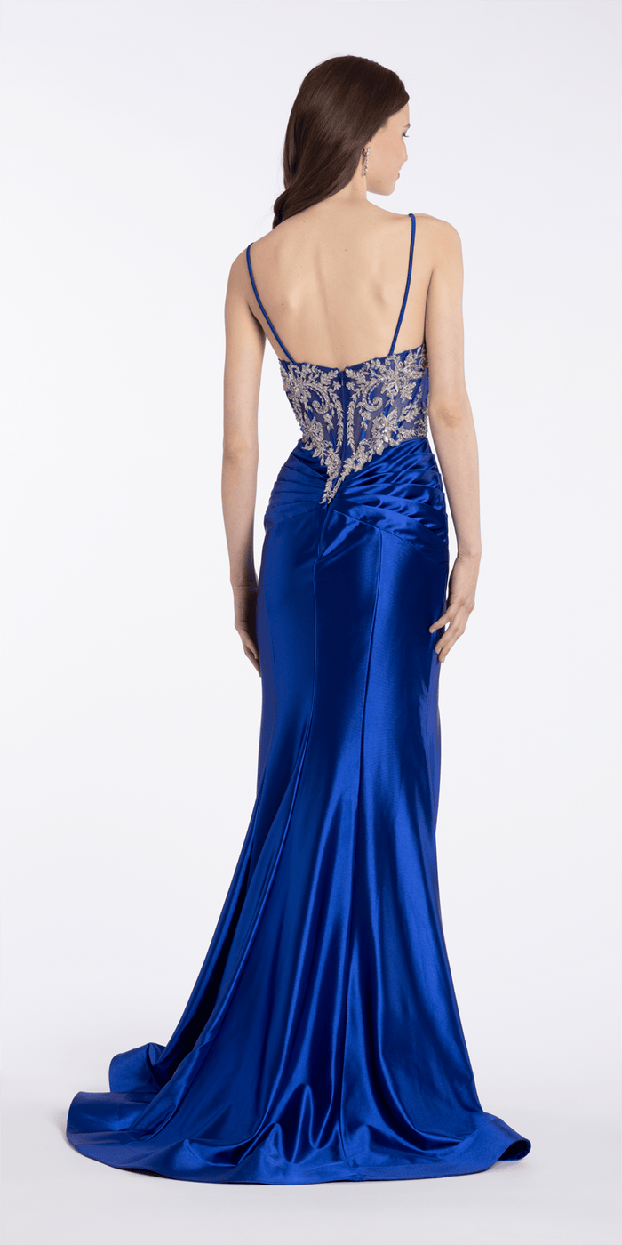 royal-blue/size/4/missy/Camille La Vie /Embroidered Sweetheart Satin Corset Trumpet Dress/back