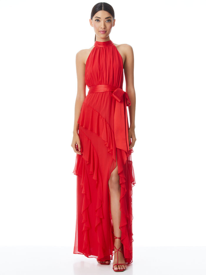 EMELIA HALTER NECK GOWN - BRIGHT POPPY