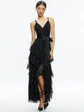 EMELIA V-NECK EYELET RUFFLE MAXI DRESS - BLACK