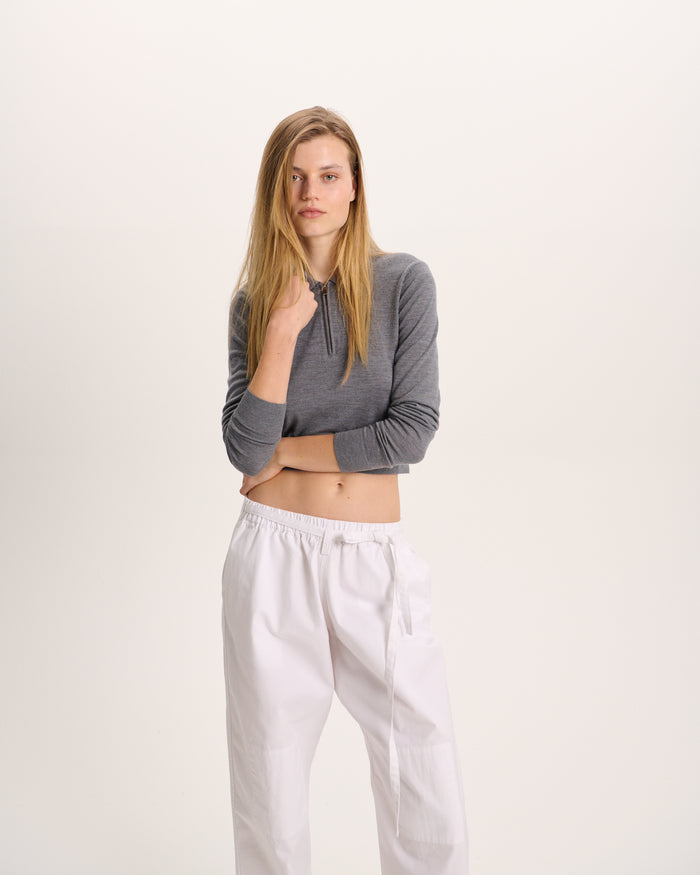 Extra Fine Merino Wool Cropped Quarter Zip Polo - Medium Heather Grey
