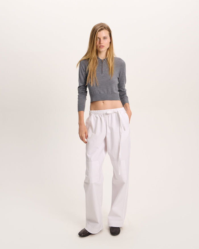 Extra Fine Merino Wool Cropped Quarter Zip Polo - Medium Heather Grey