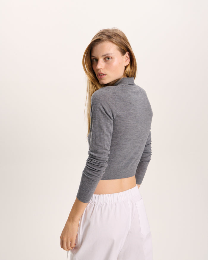 Extra Fine Merino Wool Cropped Quarter Zip Polo - Medium Heather Grey