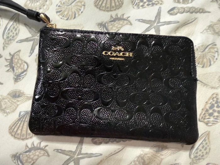 Coach F67555 Corner Zip Wristlet – Black Signature Leather Small Designer Wallet