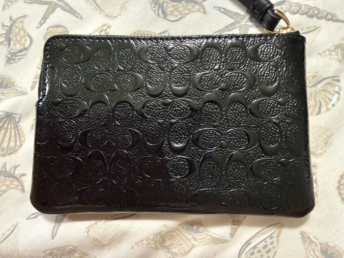 Coach F67555 Corner Zip Wristlet – Black Signature Leather Small Designer Wallet