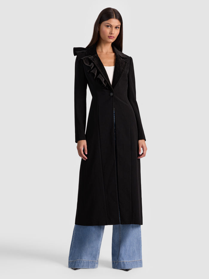 FAIE SLIM RUFFLE MAXI BLAZER - BLACK
