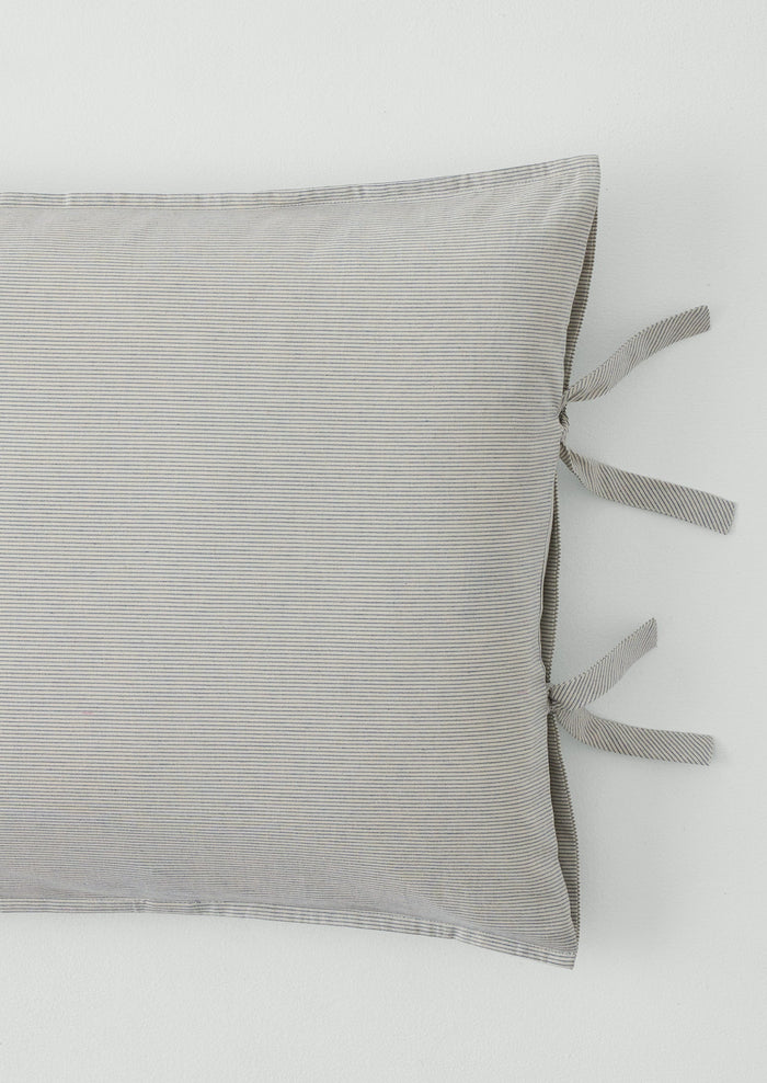Fine Stripe Cotton Side Tie Pillowcase Set | Ecru/Smoke Blue