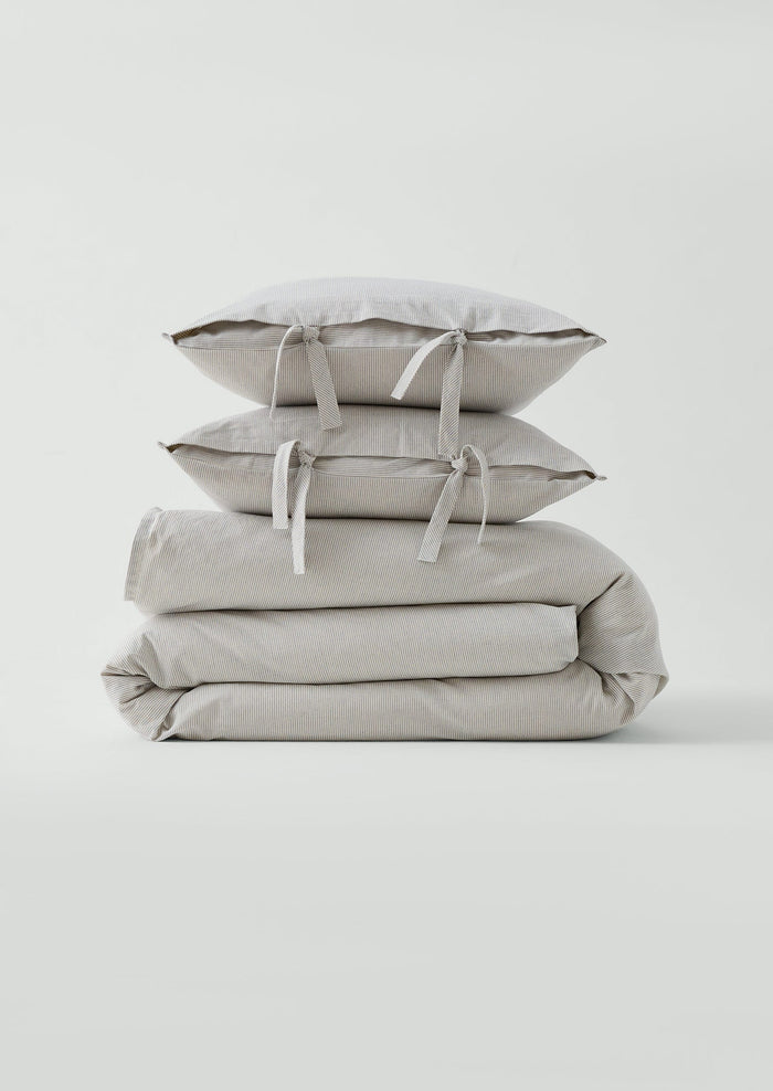 Fine Stripe Cotton Side Tie Pillowcase Set | Ecru/Smoke Blue