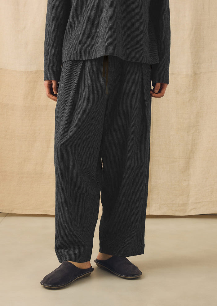 Fine Stripe Crinkle Cotton Pleated Pants | Earth/Ecru