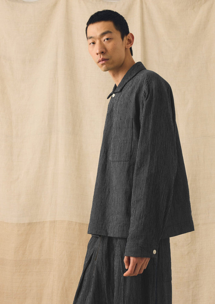 Fine Stripe Crinkle Cotton Smock Top | Earth/Ecru