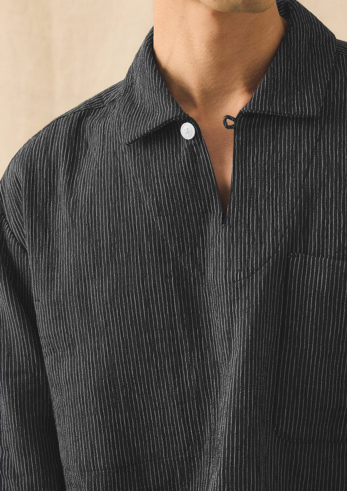 Fine Stripe Crinkle Cotton Smock Top | Earth/Ecru
